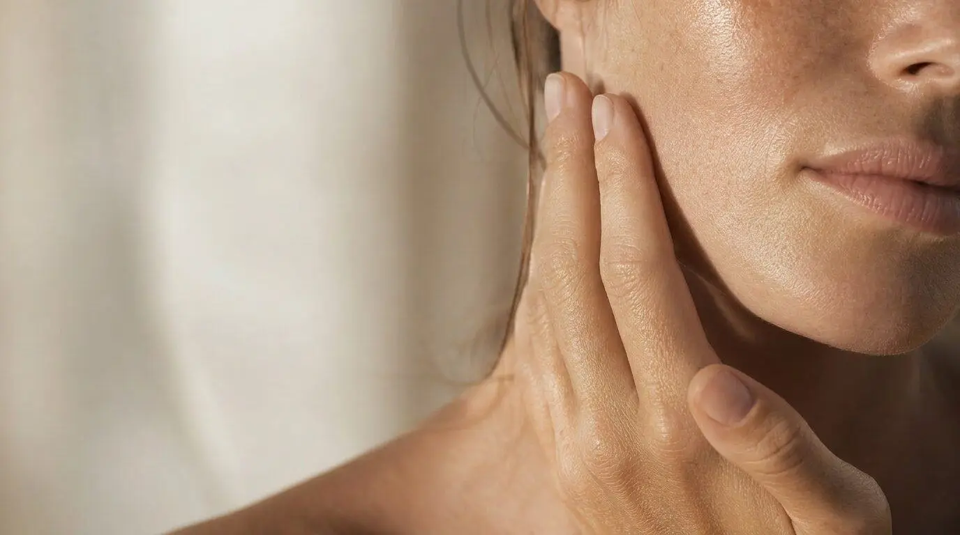 Close-up of glowing dewy skin with a hand resting against the cheek