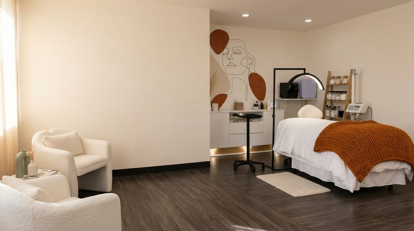 Dewskin Denver treatment room — consultation seating and treatment bed in a warm, editorial spa interior